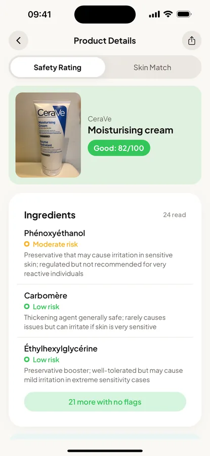 USkin product safety screen showing an ingredient breakdown
